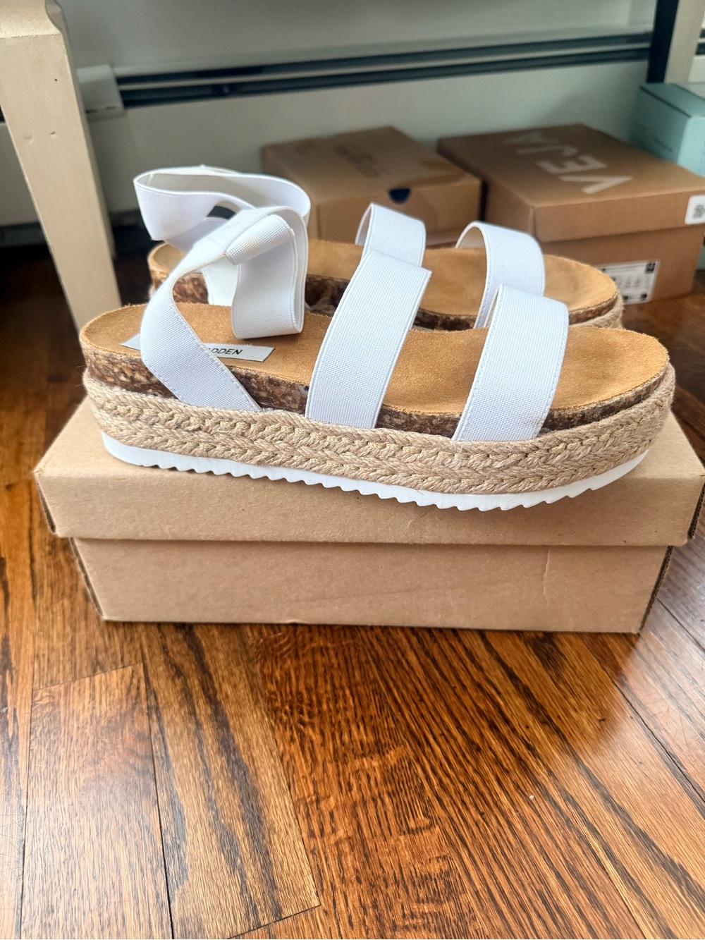 Steve Madden White Elastic Strap Espadrille Platform Sandals